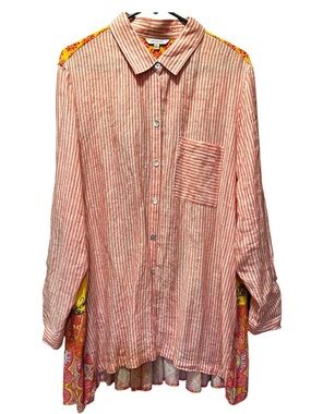 Vincente Linen Striped Orange, Yellow Flowers , Orange and Pink Design Tunic
